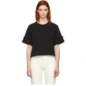 See by Chloe Black Pleated Ruffle Sleeve Cropped T-Shirt Tee Knit Top SZ XS